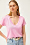 Women's Candy Pink Deep V Neck Modal Button T-Shirt TSH-19000773 - 4