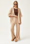 Women's Beige Top Kimono Bottom Pants Set TKM-19000280 - 3