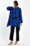 Women's Black Blue Patterned Placket Collar Tunic Trousers 2-Piece Set