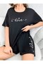 Women's Black Love Printed Oversize Shorts T-shirt Cotton Pajama Set - 3