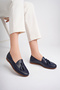 Genuine Leather Print 2 Navy Blue Women's Leather Ballerinas Pcc-F04 - 5