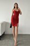 Women's Diver Fabric Double Breasted Collar Rubber Strap Design Slit Detailed Red Mini Evening Dress582886