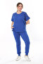 Women's Large Size Cobalt Blue Stone Detailed Short Sleeve Sweatshirt Pants Set 65N37702 - 4