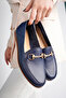 Genuine Leather Print 2 Navy Blue Women's Leather Ballerinas Pcc-F03