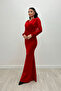 Crepe Fabric Double Breasted Collar Fishnet Dress - RED - 4