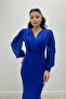 Crepe Fabric Double Breasted Collar Fishnet Dress - COBALT BLUE BLUE