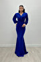 Crepe Fabric Double Breasted Collar Fishnet Dress - COBALT BLUE BLUE - 4