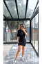 Black Drape Detail Short Sleeve Elastic Waist Wrap Mini Dress 5379 - 6