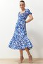 Blue Floral Skater Gipe Collar Detail Shally Woven Midi Dress TWOSS24EL00952