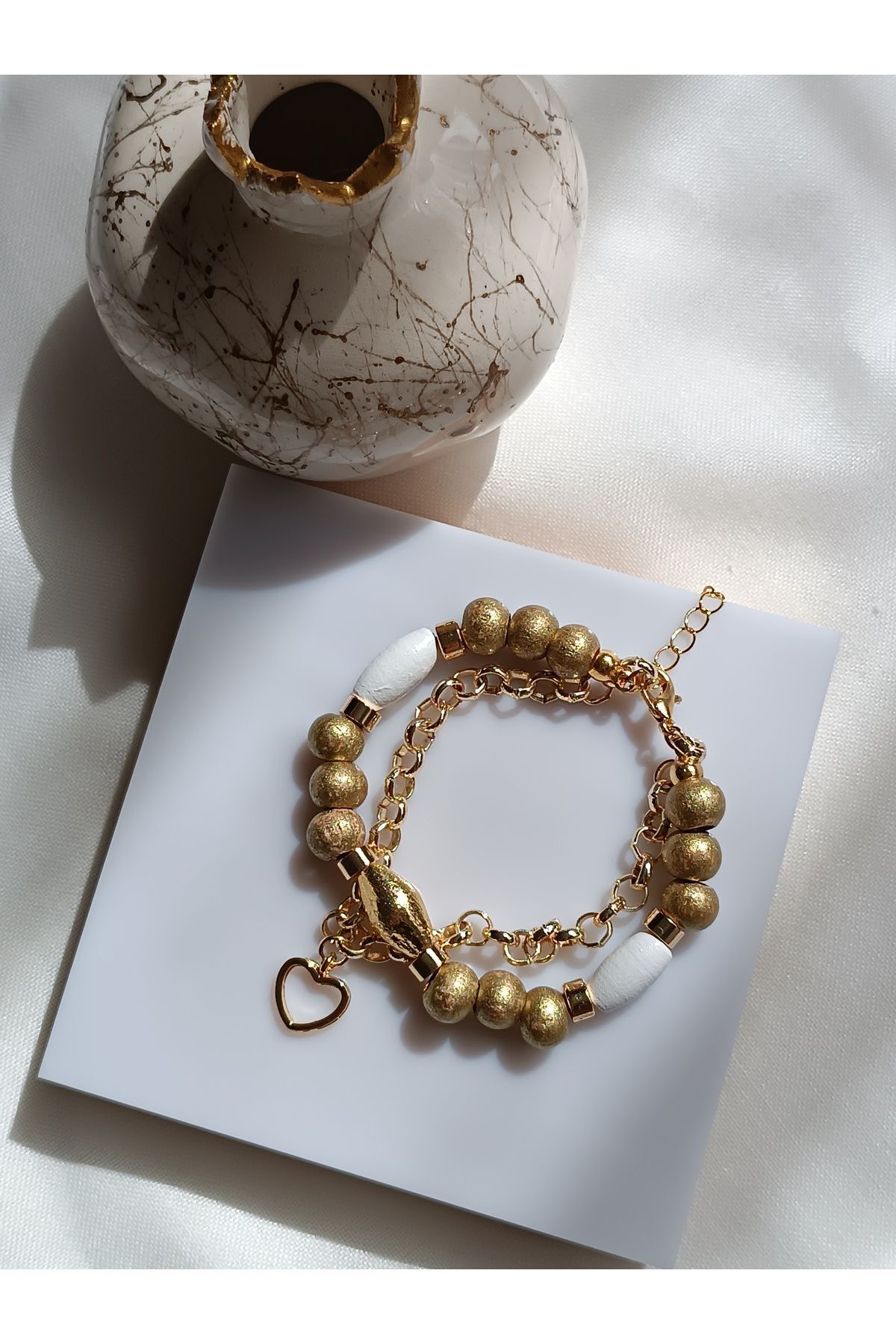 Gold Double Chain - Wooden Bracelet Heart - 5