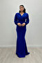 Crepe Fabric Double Breasted Collar Fishnet Dress - COBALT BLUE BLUE - 3