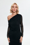 Asymmetrical Neck Tulle Midi Dress Black - 3