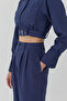 Thin Line Detailed High Waist Trousers Navy Blue - 4