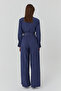 Thin Line Detailed High Waist Trousers Navy Blue - 5