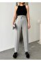Women's Gray Modal Mixed Fabric Striped Shalwar Trousers with Elastic Waist Pockets - 6