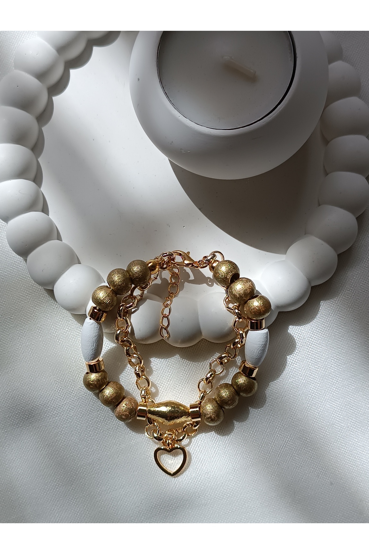 Gold Double Chain - Wooden Bracelet Heart - 4