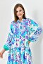 Ethnic Floral Patterned Buttoned Prevailing Collar Balloon Sleeve Midi Length Wide Flared Cut Summer Dress 2243 - 2