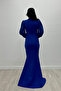 Crepe Fabric Double Breasted Collar Fishnet Dress - COBALT BLUE BLUE - 5
