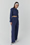 Thin Line Detailed High Waist Trousers Navy Blue - 3