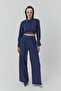Thin Line Detailed High Waist Trousers Navy Blue