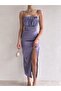 Lilac Satin Dress with Thin Straps and Draped Bust - 2