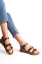 Genuine Leather Aleyna Tan Banded Adjustable Flat Sole Ethnic Detailed Sandals - 3