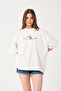 Unisex Ecru Crew Neck Cat Detail Printed Oversize T-shirt - 2