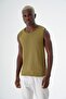 Men's Crew Neck Flexible And Mesh Textured Sleeveless Knitwear Singlet Olive 24S269 - 3