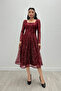 Tulle Glitter Fabric Square Collar Midi Evening Dress - Claret Red - 4