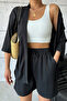 Women's Black Kimono Shirt Shorts Top and Bottom Set - 3
