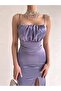 Lilac Satin Dress with Thin Straps and Draped Bust - 3