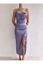 Lilac Satin Dress with Thin Straps and Draped Bust - 4