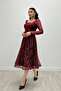 Tulle Glitter Fabric Square Collar Midi Evening Dress - Claret Red - 3