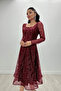 Tulle Glitter Fabric Square Collar Midi Evening Dress - Claret Red - 2