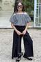 Girl's Off-Shoulder Black Bottom and Top Set with Chest and Waist Cuff and Slit Detail