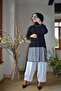 Mesh Detailed Black and White Hijab 2-Piece Set with White Trousers