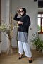 Mesh Detailed Black and White Hijab 2-Piece Set with White Trousers - 2
