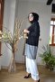 Mesh Detailed Black and White Hijab 2-Piece Set with White Trousers - 3