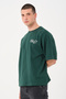 Men's Dark Green Crew Neck Oversize T-shirt with Chest Print Detail - 5