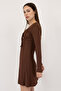 Women's Dark Brown Gathered Knitted Mini Dress with Corset Design - 3