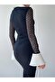 Black and White Shirt Collar Lined Midi Long Premium Design Lace Dress - 7