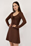 Women's Dark Brown Gathered Knitted Mini Dress with Corset Design - 2