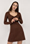 Women's Dark Brown Gathered Knitted Mini Dress with Corset Design - 4