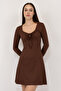 Women's Dark Brown Gathered Knitted Mini Dress with Corset Design - 6