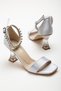 Silver Satin Women's Stoned Transparent Heeled Shoes - 3