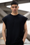 Unisex Black Basketball Player Zero Sleeve Crew Neck Oversize Casual Basic Sleeveless T-shirt - 3