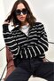 Women's Black Collared Knitted Sweater with Hole in the Collar and Stripes 20223207 - 5