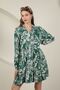 Women's Short Dress with Leaf Print and Long Sleeve Viscose Fabric Shirt Collar Green Summer Spring