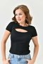 Women's Blouse - Black - Camisole Fabric - Cut Out Detail - Chest Low Cut - Short Sleeve - Crop Top Blouse - 6