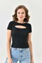 Women's Blouse - Black - Camisole Fabric - Cut Out Detail - Chest Low Cut - Short Sleeve - Crop Top Blouse - 2